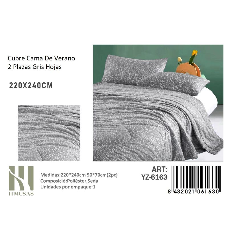 ANGELES DEL HOGAR - Plumon De verano Seda 2 Plazas MUSAS  Gris Hojas