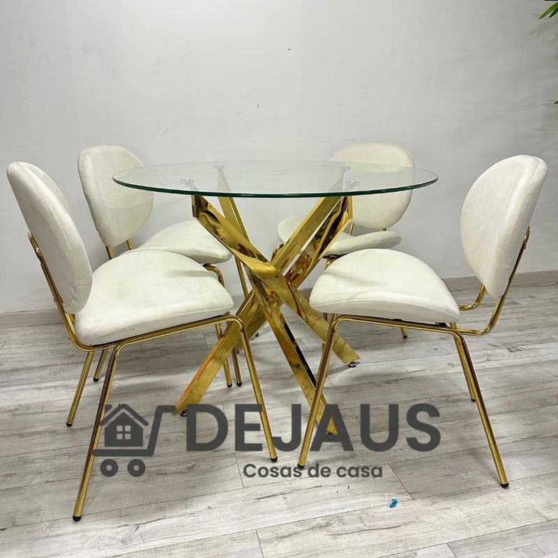 GENERICO - Mesa Dubai Dorada (120 cm) con 4 Sillas Leidy Felpa Dorada - Blanco