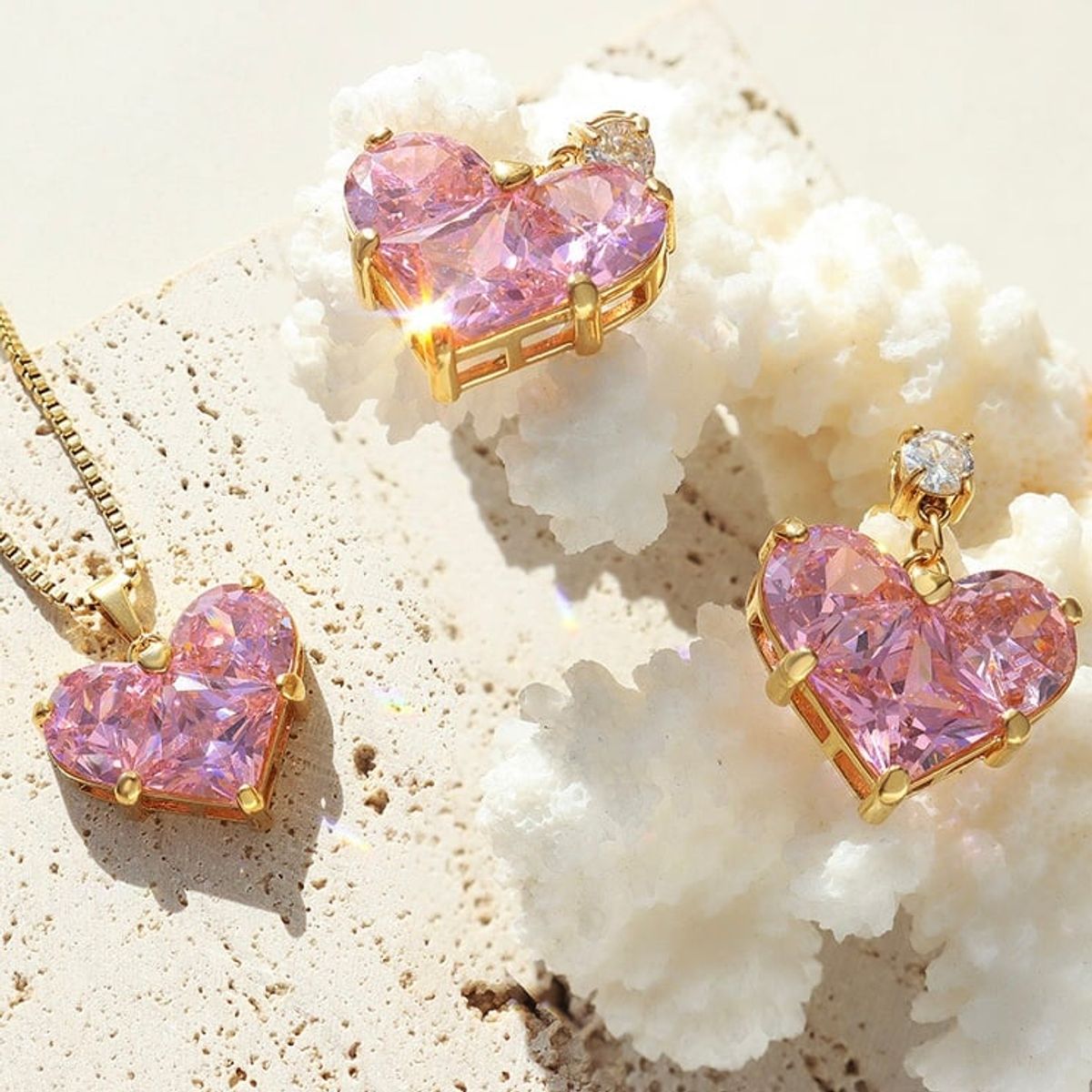 LUX JOYAS - Aros Baño Oro Amarillo 18k Corazón Rosa Francia