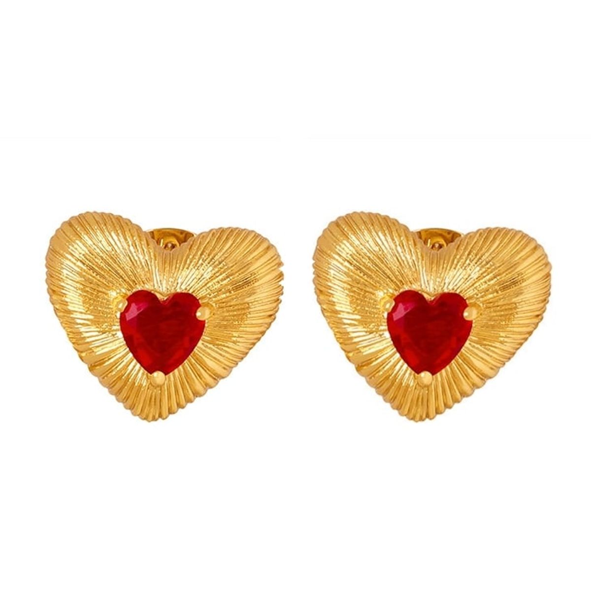 LUX JOYAS - Aros Baño Oro Amarillo 18k Corazón Cepillado Circón Rubí