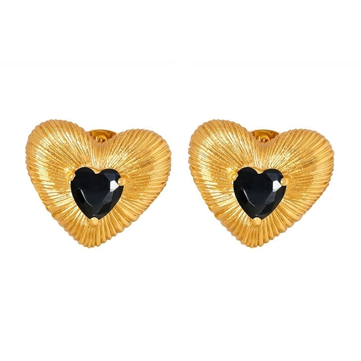 LUX JOYAS - Aros Baño Oro Amarillo 18k Corazón Cepillado Circón Ónix