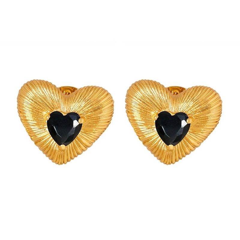LUX JOYAS - Aros Baño Oro 18k Corazón Cepillado Circón Onix