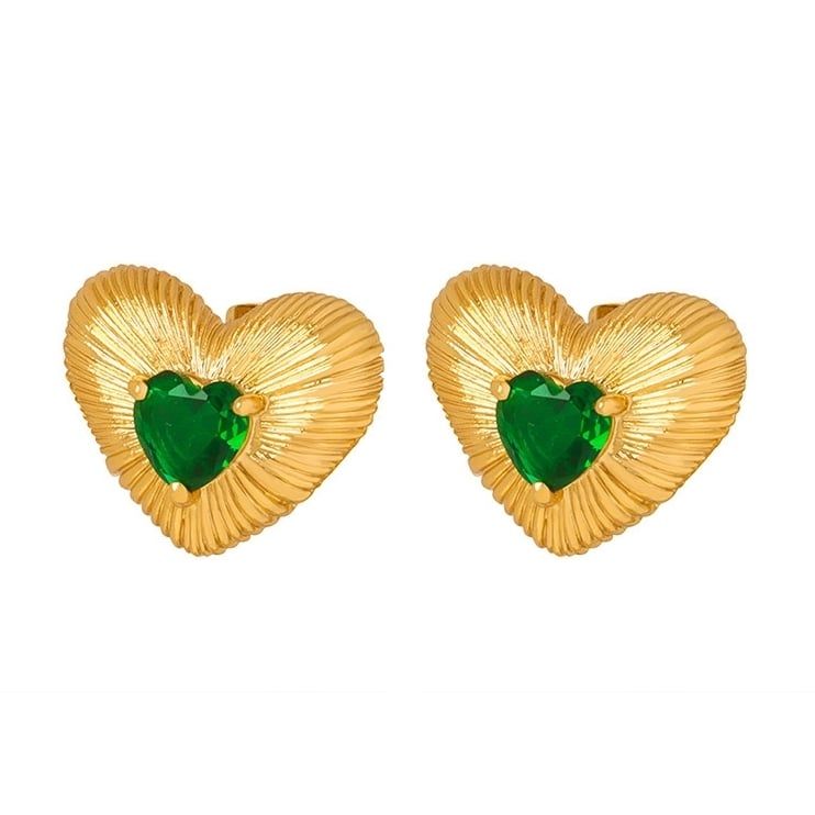 Aros Bano Oro Amarillo 18k Corazon Cepillado Circon Esmeralda Dorado TALLA UNICA