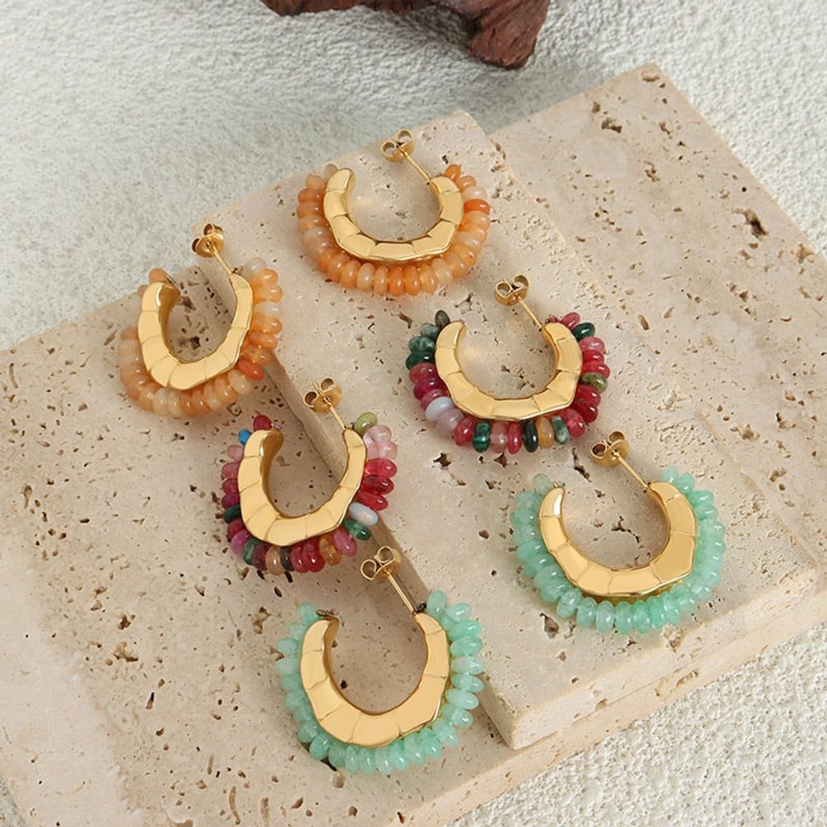 LUX JOYAS - Aros Baño Oro Amarillo 18k Argollas Piedrecillas Cuarzo Phantom