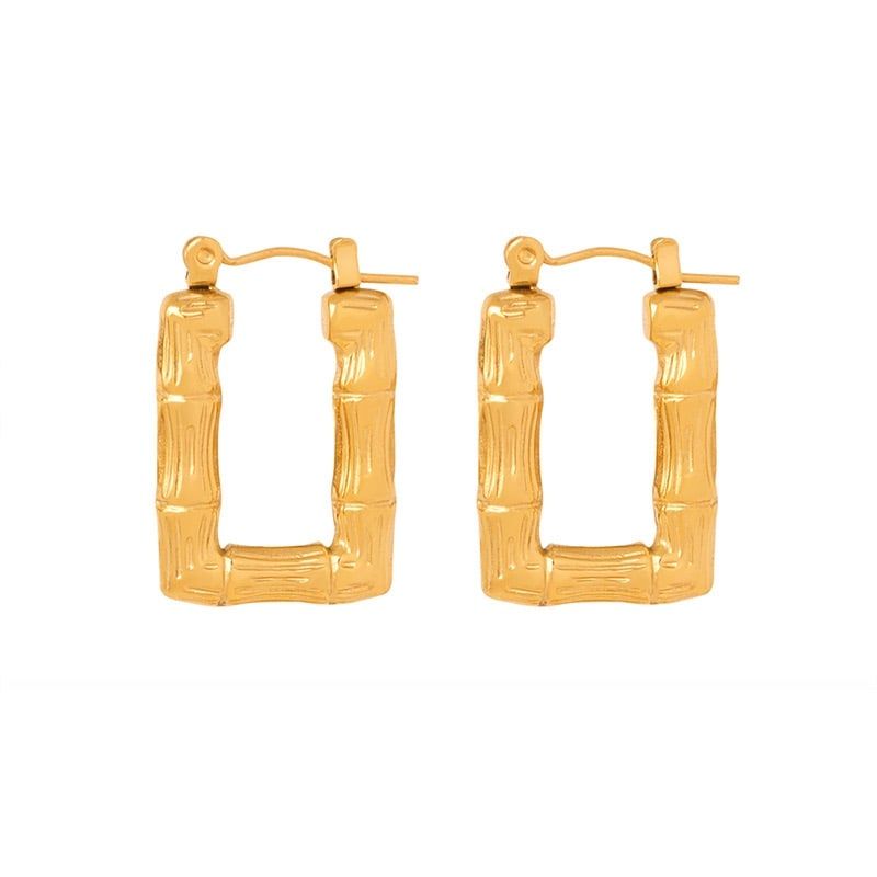 LUX JOYAS - Aros Baño Oro 18k Argollas Bamboo Rectangular