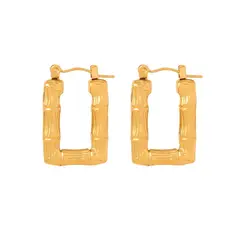 LUX JOYAS - Aros Baño Oro Amarillo 18k Argollas Bamboo Rectangular