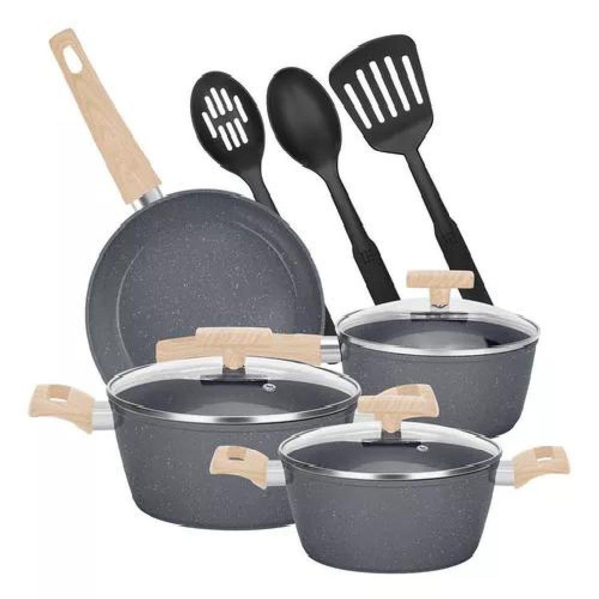 GENERICO - Bateria De Cocina 10 Piezas Antiadherente Granito Menaje Color Negro