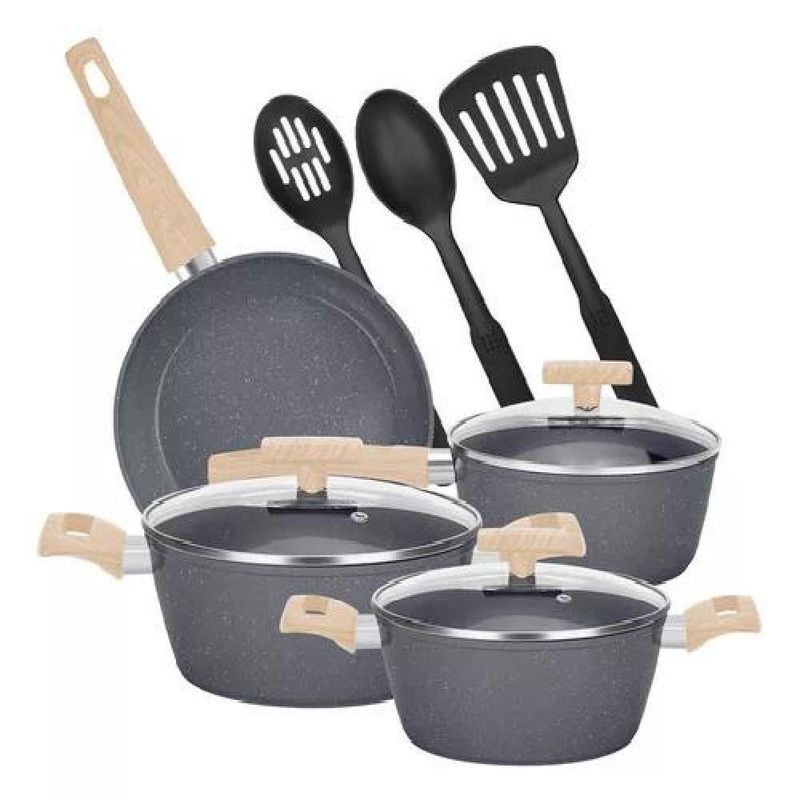 GENERICO - Bateria De Cocina 10 Piezas Antiadherente Granito Menaje Color Negro