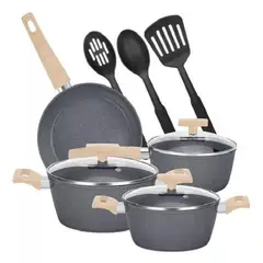 GENERICO - Bateria De Cocina 10 Piezas Antiadherente Granito Menaje Color Negro