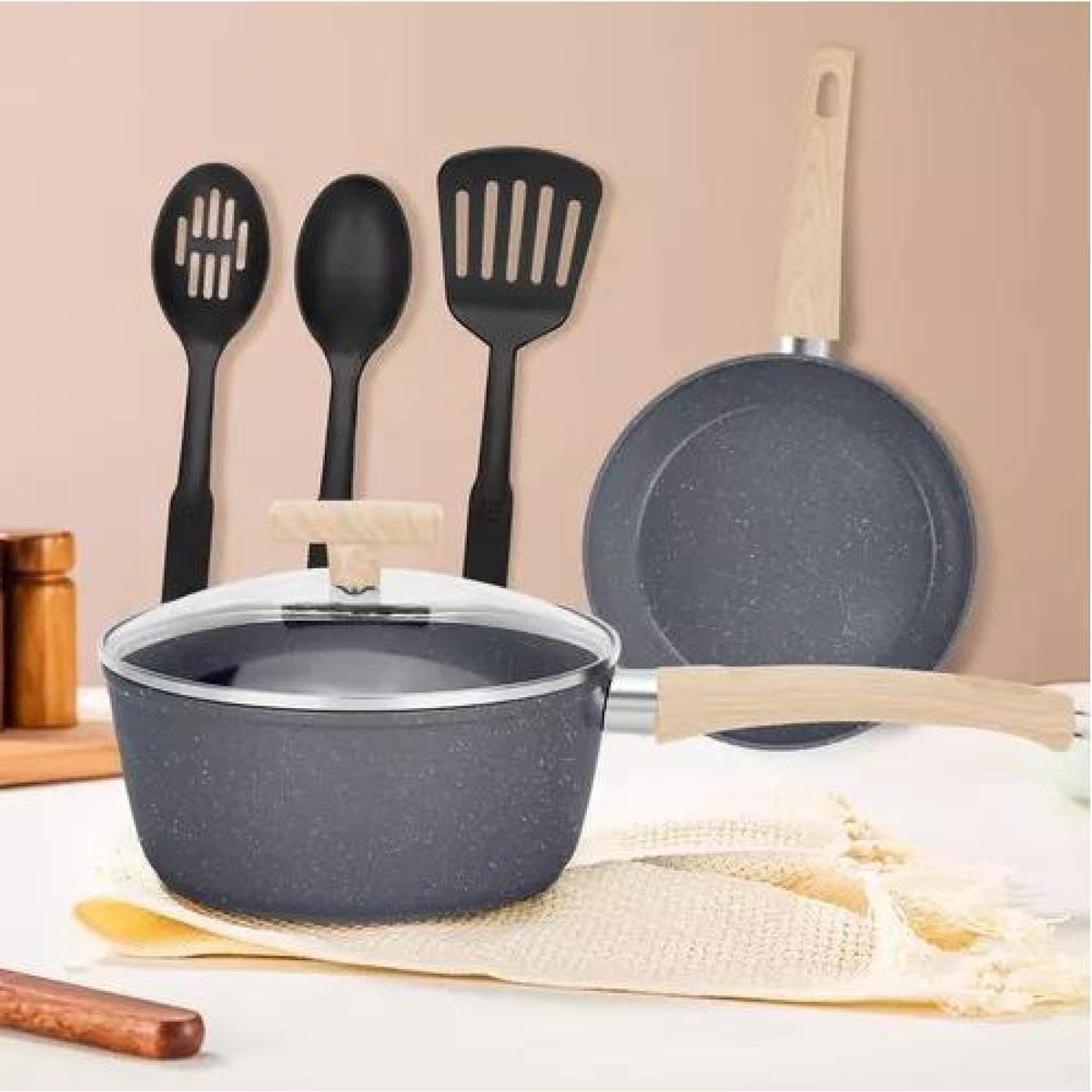 GENERICO - Bateria De Cocina 10 Piezas Antiadherente Granito Menaje Color Negro