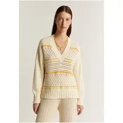 SCALPERS - Sweater Punto Calados Escote En V Ecru