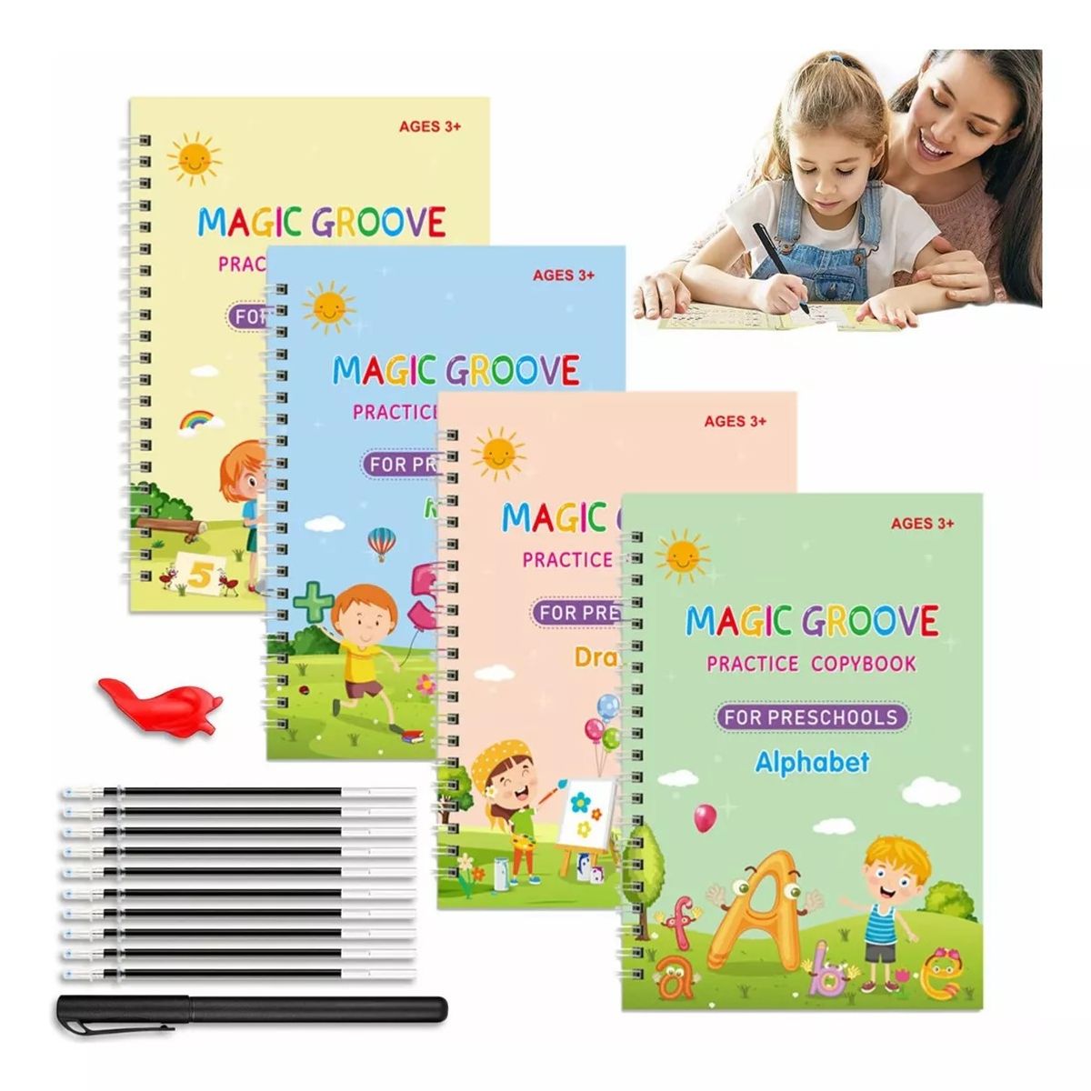 GENERICO - Set 4 Cuadernos Magicos Caligrafia Aprendizaje Reutilzable