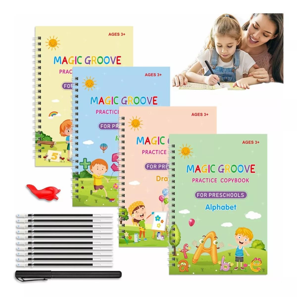 GENERICO - Set 4 Cuadernos Magicos Caligrafia Aprendizaje Reutilzable