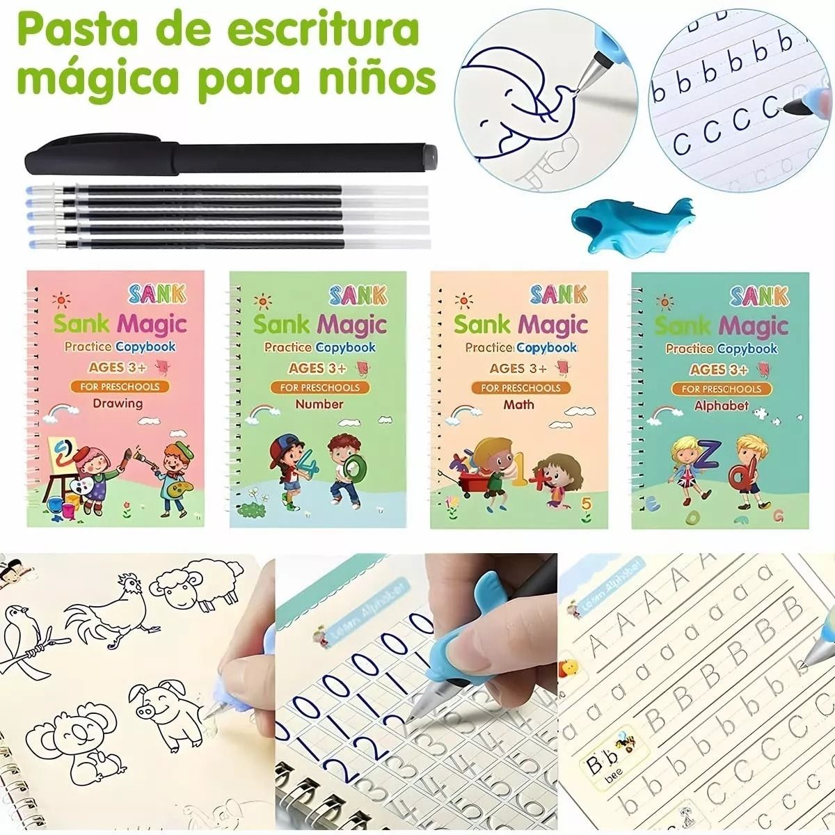 GENERICO - Set 4 Cuadernos Magicos Caligrafia Aprendizaje Reutilzable