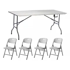 GENERICO - Mesa Valija Plegable 1,80mt + 4 Sillas JardínPlaya Blanco