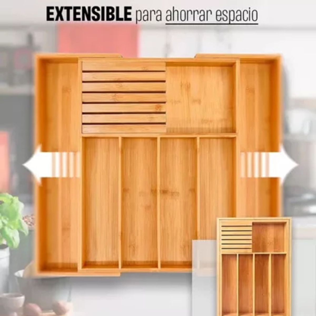 MOBOI - Organizador De Cubiertos Bambú Ajustable 7 Compartimientos