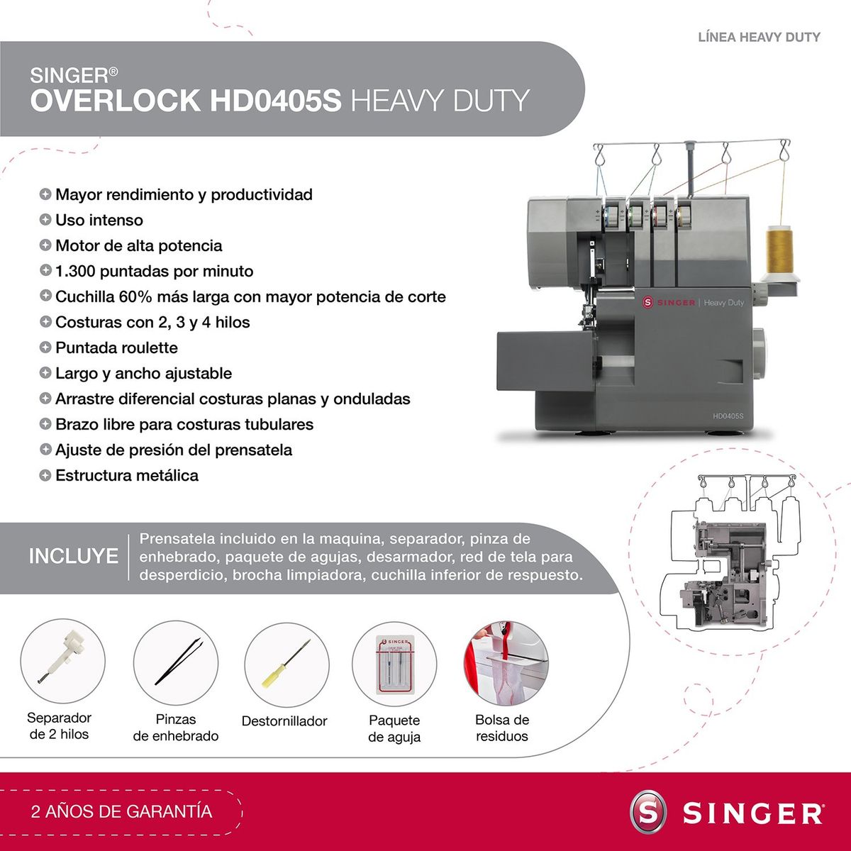 SINGER - Máquina Overlock Singer HD0405S Heavy Duty