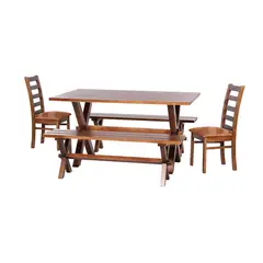 LATAM HOME - Juego De Comedor Sevilla 2 Sillas Burgos + 2 Bancas Cuero Cafe Claro
