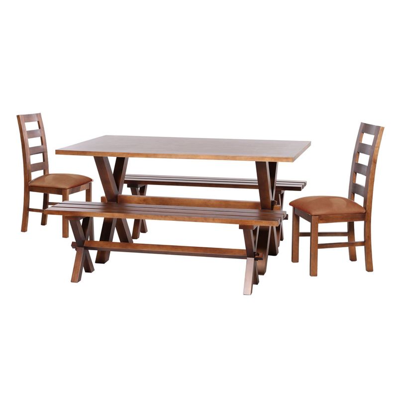 LATAM HOME - Juego De Comedor Sevilla 2 Sillas Granada + 2 Bancas Cuero Cafe Claro