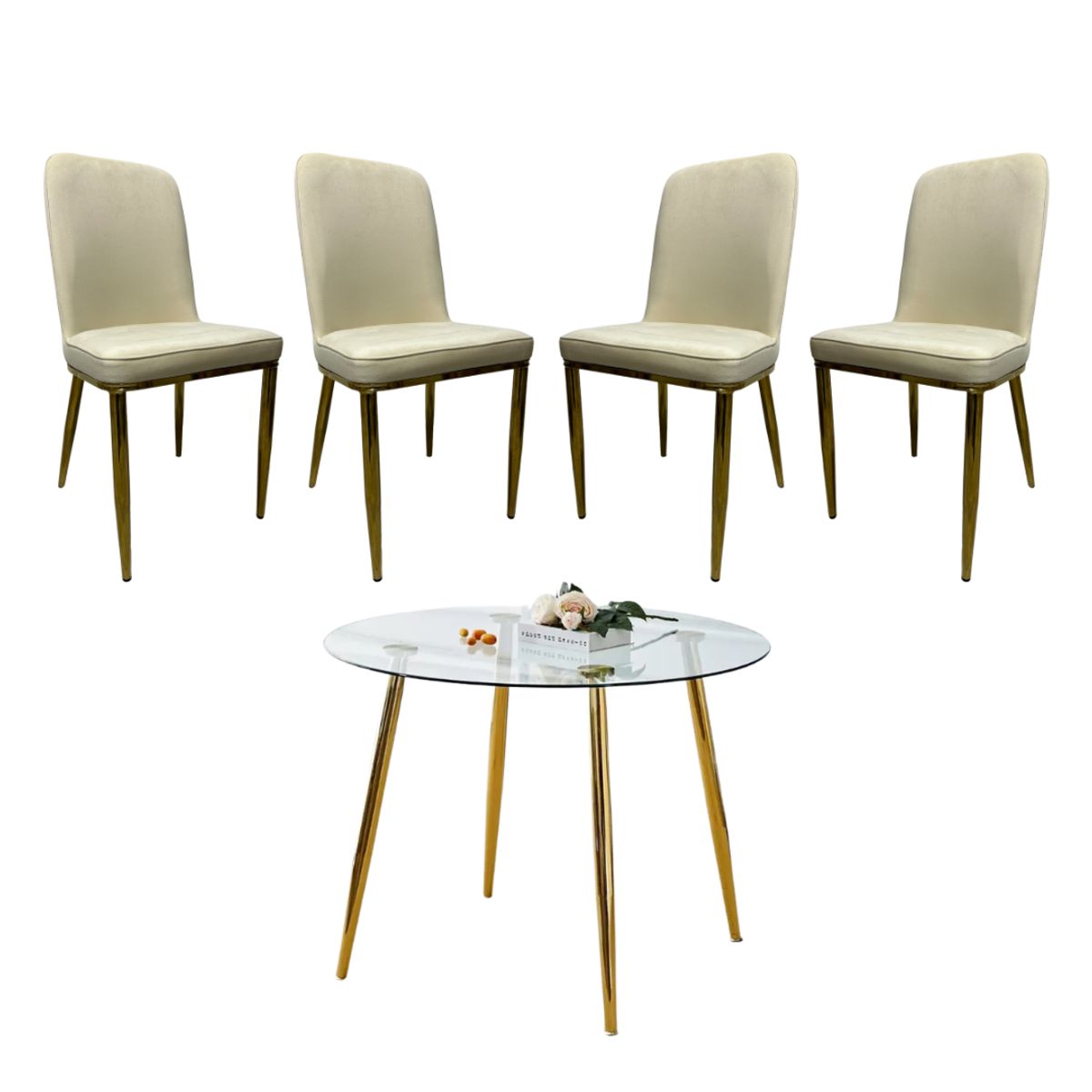 GENERICO - Mesa Redonda Lyon Dorada (120 Cm) con 4 Sillas Eleganc - Beige