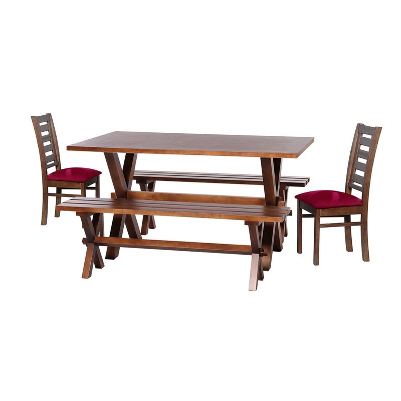 LATAM HOME - Juego De Comedor Sevilla 2 Sillas Murcia + 2 Bancas Tela Velvet Burdeo