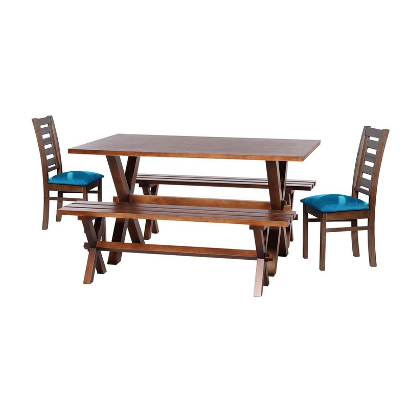 LATAM HOME - Juego De Comedor Sevilla 2 Sillas Murcia + 2 Bancas Tela Azul Petroleo