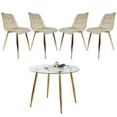 GENERICO - Mesa Redonda Lyon Dorada (80 Cm) con 4 Sillas Botón Dorada - Beige