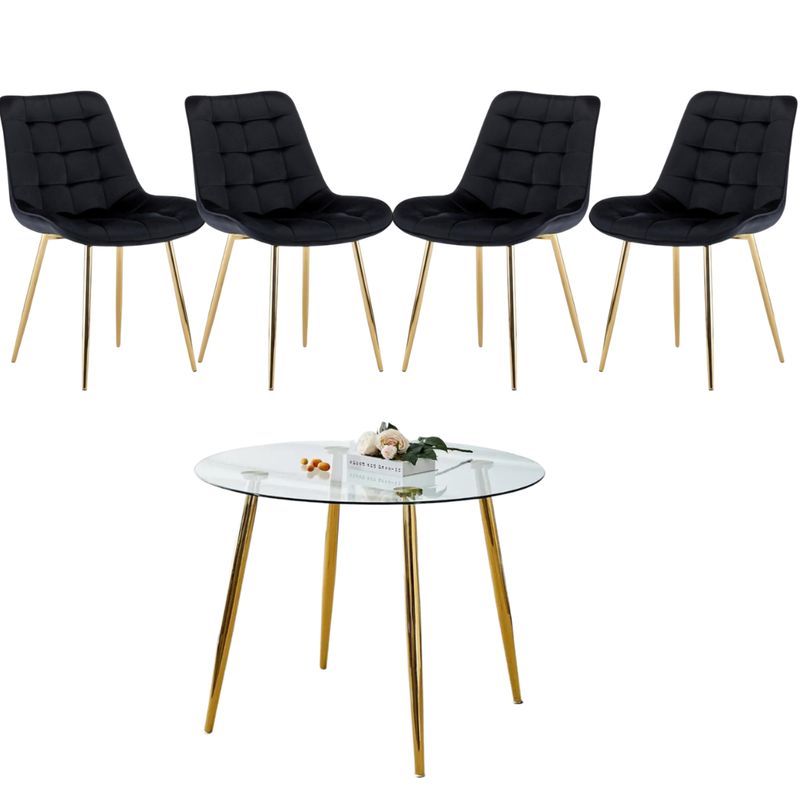 GENERICO - Mesa Redonda Lyon Dorada (80 Cm) con 4 Sillas Botón Dorada - Negro