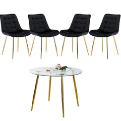 GENERICO - Mesa Redonda Lyon Dorada (100 Cm) con 4 Sillas Botón Dorada - Negro