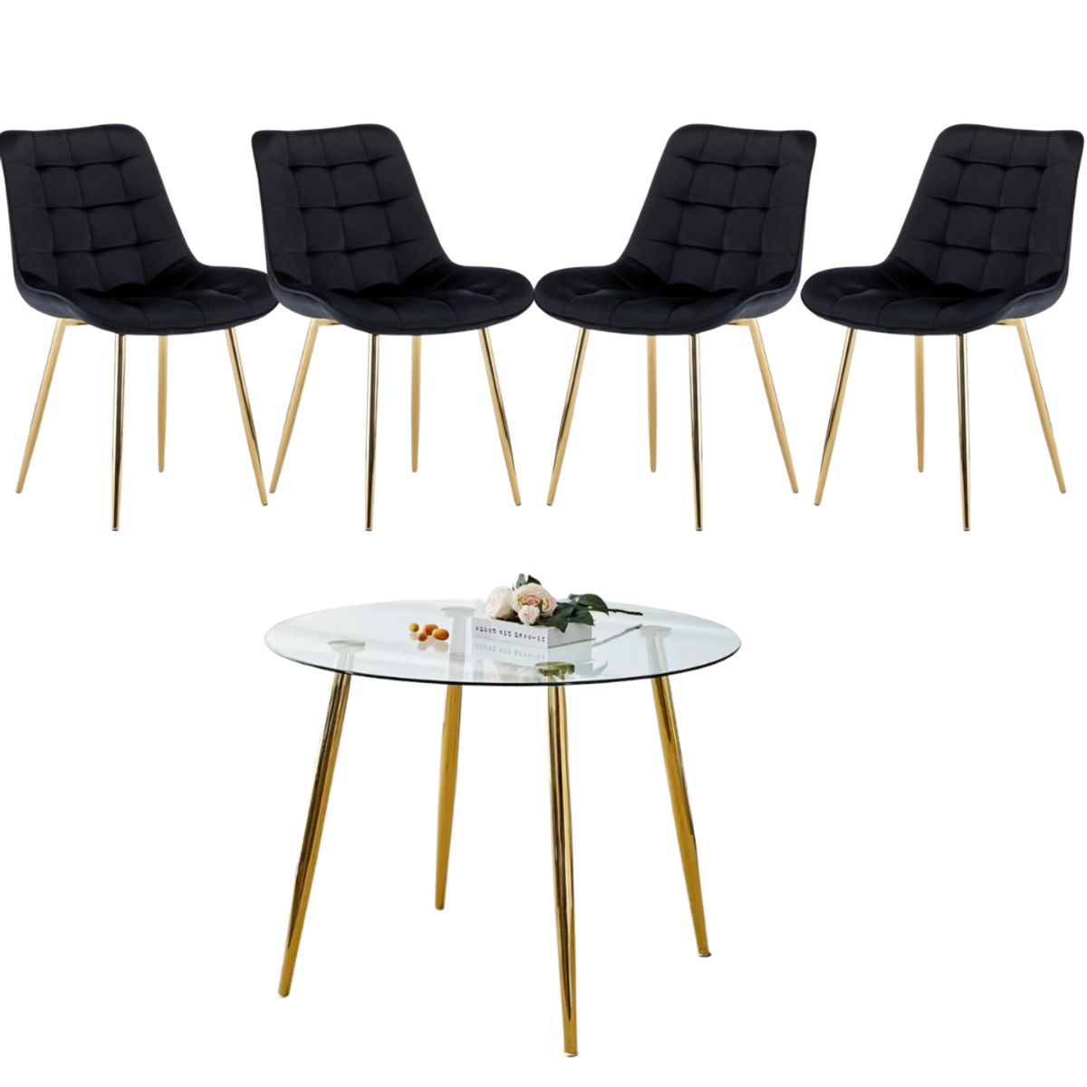 GENERICO - Mesa Redonda Lyon Dorada (120 Cm) con 4 Sillas Botón Dorada - Negro