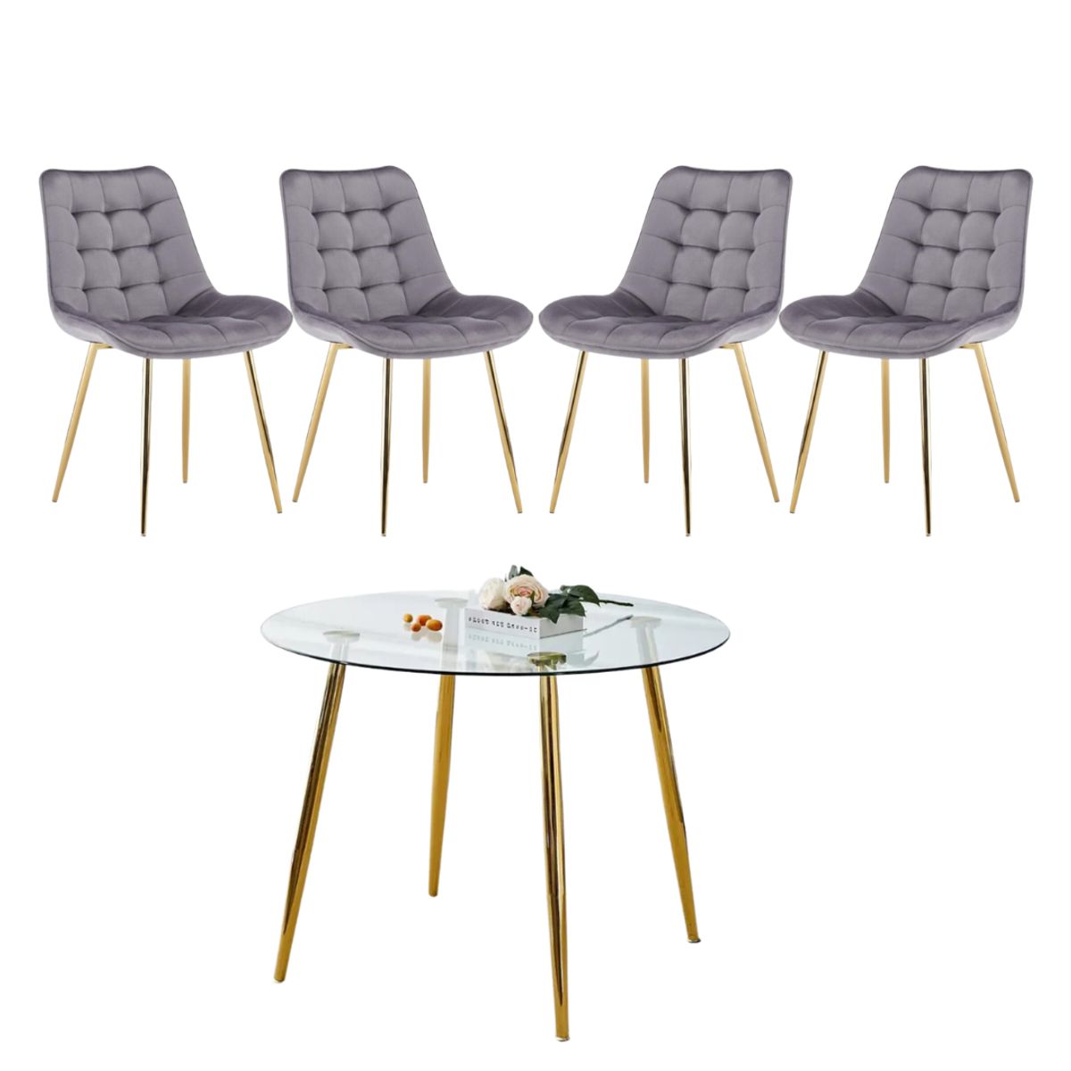 GENERICO - Mesa Redonda Lyon Dorada (120 Cm) con 4 Sillas Botón Dorada - Gris