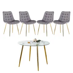 GENERICO - Mesa Redonda Lyon Dorada (120 Cm) con 4 Sillas Botón Dorada - Gris