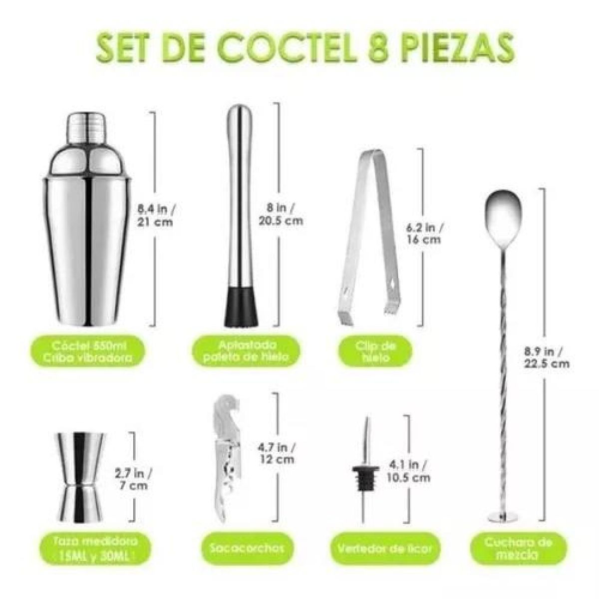 GENERICO - Juego de coctelera inoxidable profesional 8 piezas gris