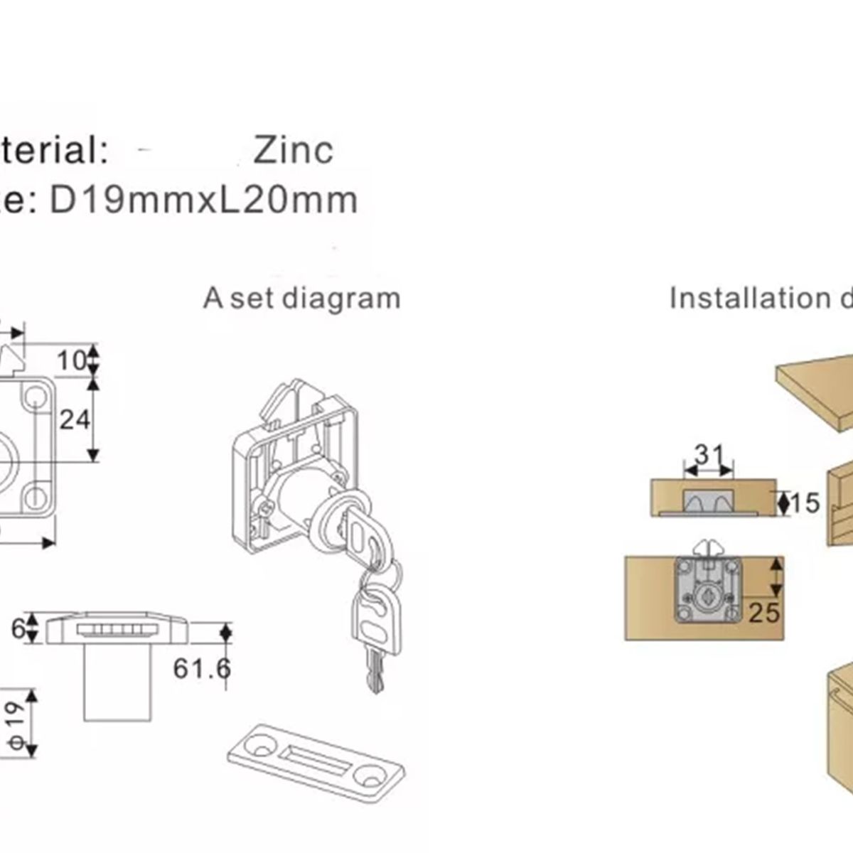 GENERICO - Cerradura Chapa Puerta Corredera Armario Cilindro. 19 mm