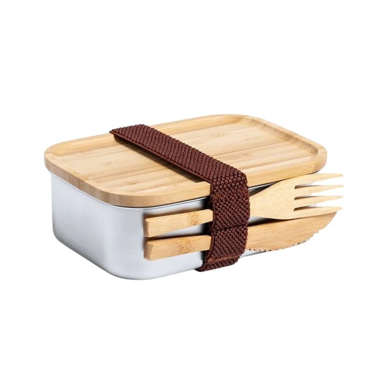 Contenedor Tupper Hermetico Acero Cubiertos Bambu Sariul 600 ML - Cafe