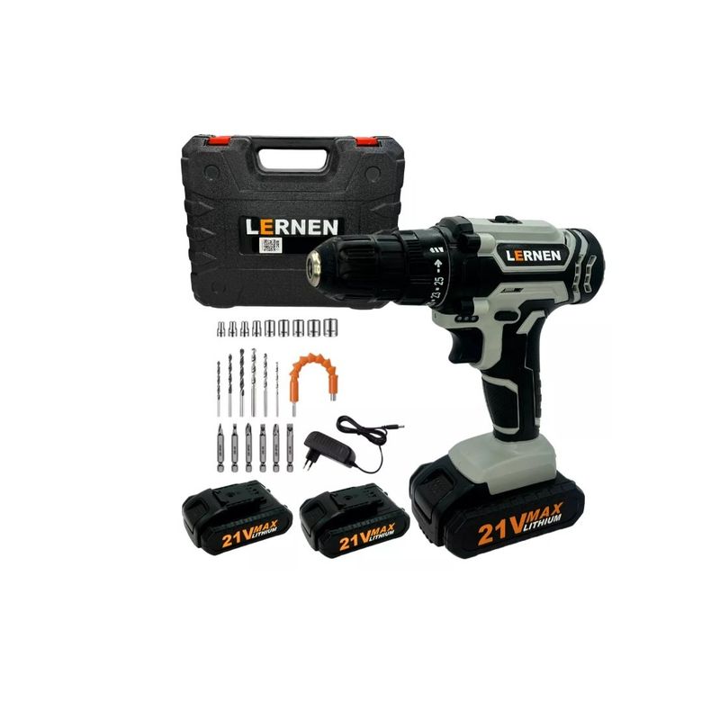 GENERICO - Kit Taladro Destornillador Inalámbrico Lernen 21v + 2 Baterías Grey
