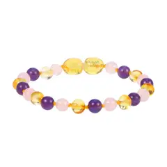 CORAZÓN DE ÁMBAR - Pulsera de ámbar miel cuarzo rosa y ágata morada