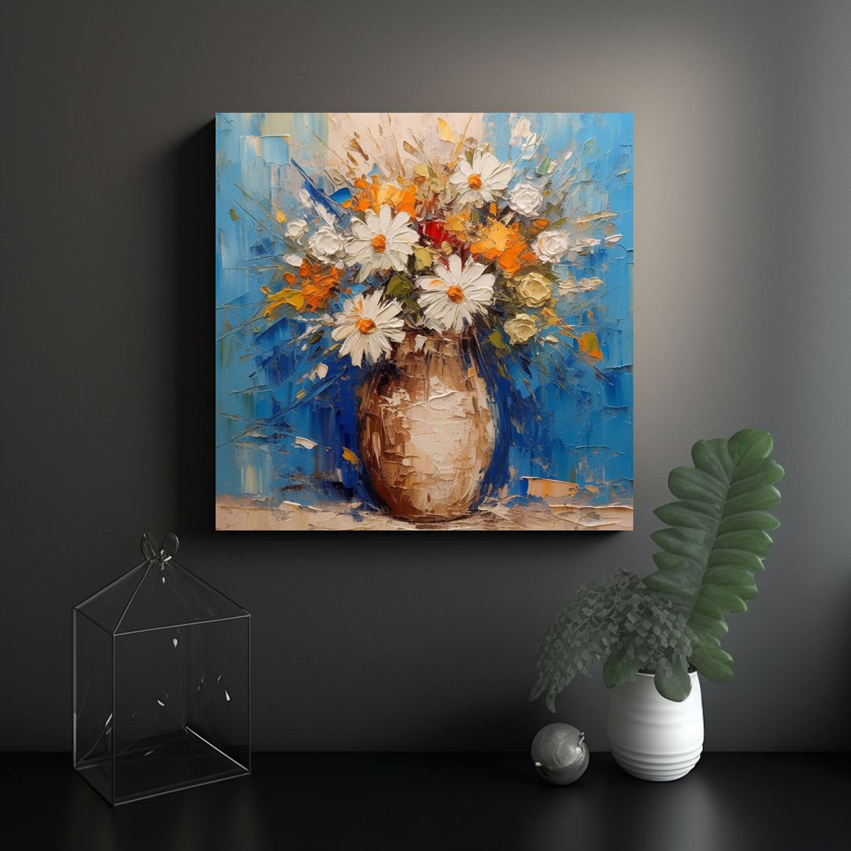 GENERICO - Cuadro Abstracto De Flores En Jarrón Para 60x60 Cm