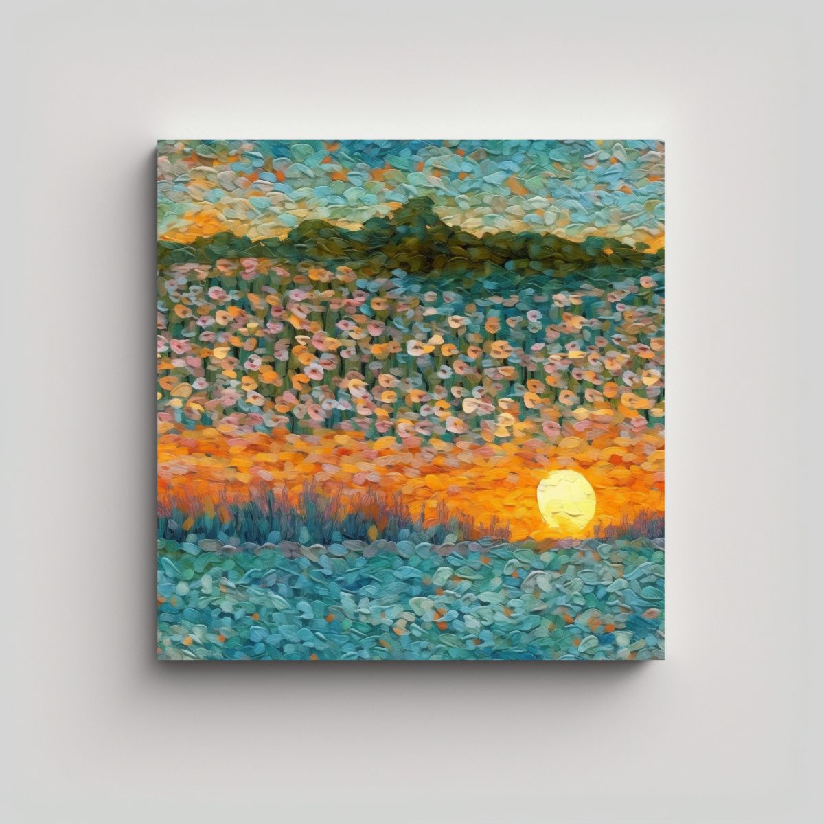 GENERICO - Pintura Impasto De Campo De Flores Y Atardecer 60x60 Cm.