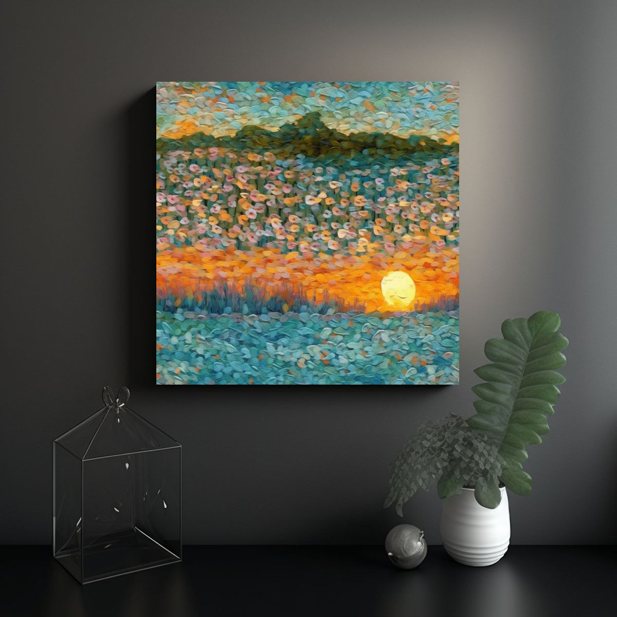 GENERICO - Pintura Impasto De Campo De Flores Y Atardecer 60x60 Cm.