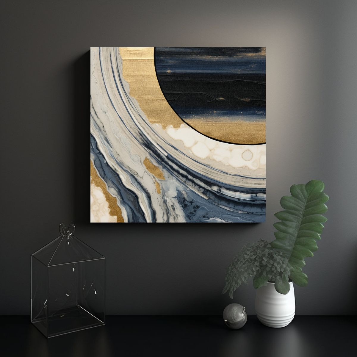 GENERICO - Arte En Bastidor Creativo Azul Y Negro Con Franja 80x80 Cm