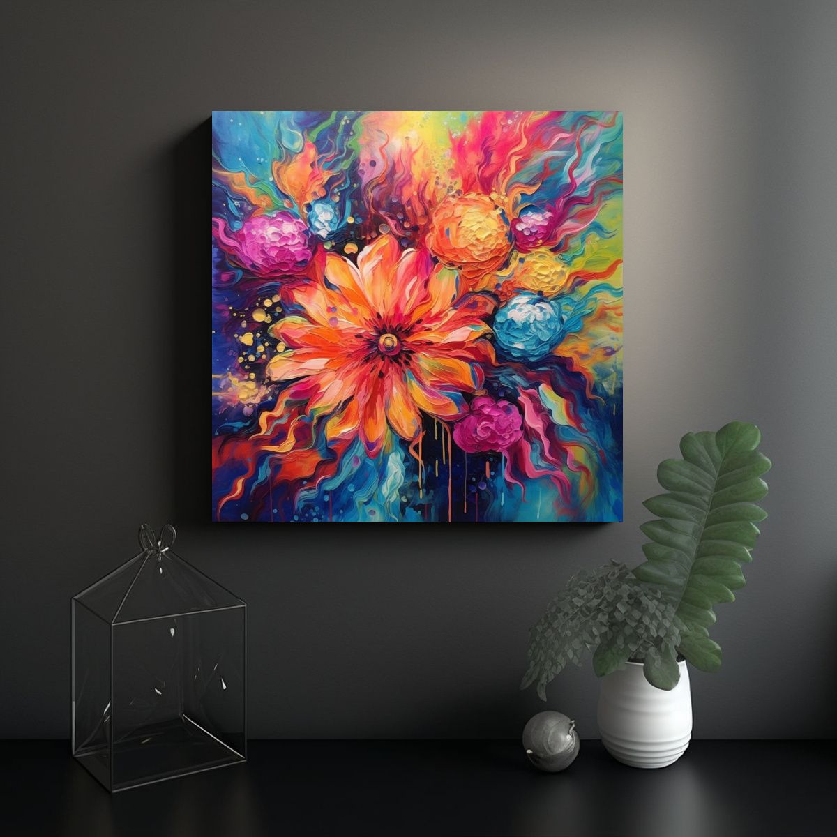 GENERICO - Cuadro Lienzo Flores Abstractas Vibrantes. 60x60 Cm