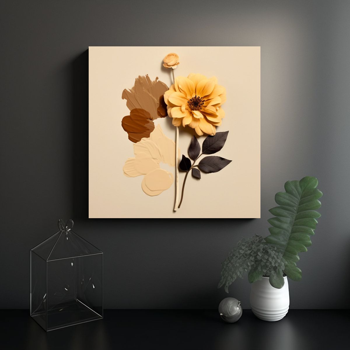 GENERICO - Cuadro En Lienzo Amarillo Con Pintura Marrón Y 90x90 Cm