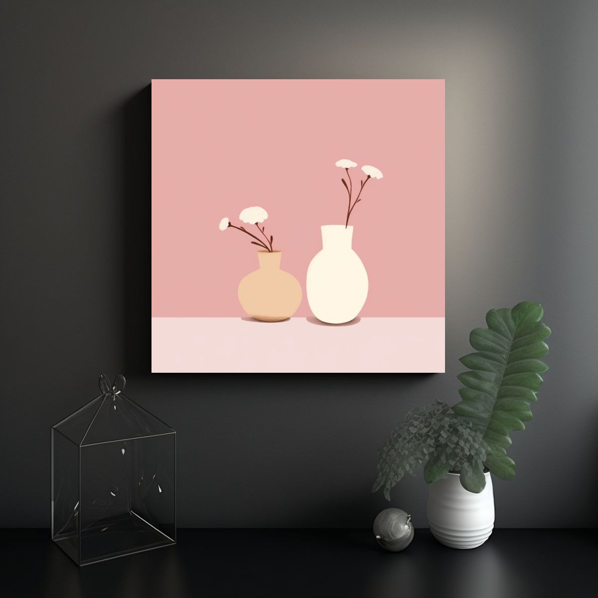 GENERICO - Arte Abstracto De Flores En Jarrón En Fondo Rosa 70x70 Cm