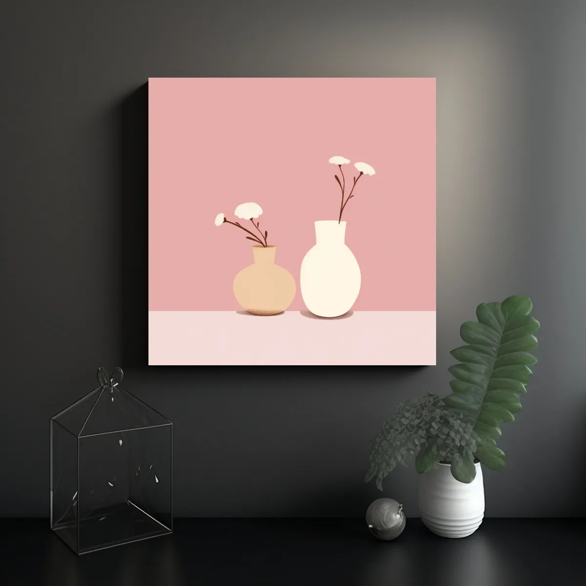 GENERICO - Arte Abstracto De Flores En Jarrón En Fondo Rosa 50x50 Cm