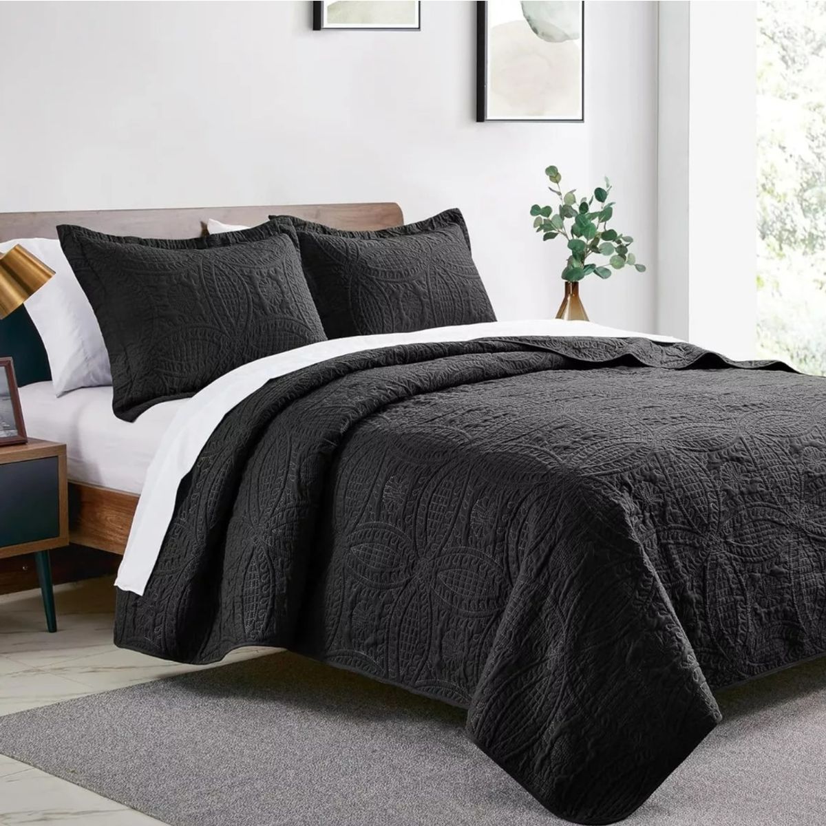 IMPORTCLICK - Cubrecama Quilt Reversible Queen 228x228 CM Más Fundas Almohada Negro