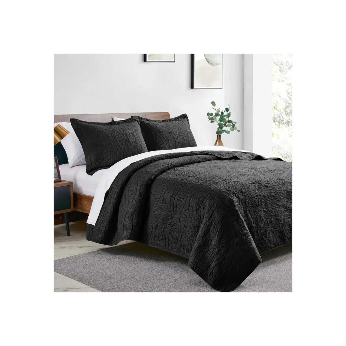 IMPORTCLICK - Cubrecama Quilt Reversible Queen 228x228 CM Más Fundas Almohada Negro