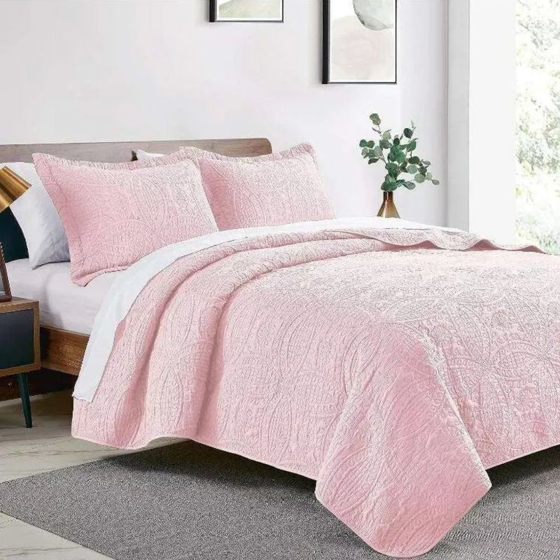 IMPORTCLICK - Cubrecama Quilt Reversible Queen Más Fundas Almohada Rosa Blanco