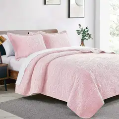IMPORTCLICK - Cubrecama Quilt Reversible Queen Más Fundas Almohada Rosa Blanco