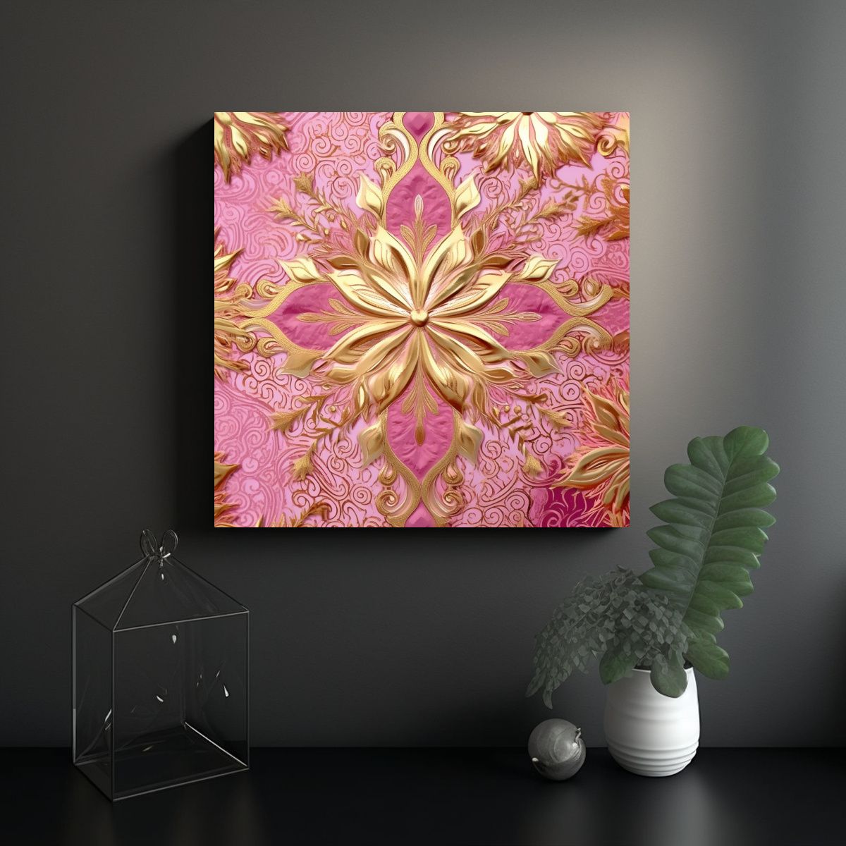GENERICO - Pintura Decorativa Navideña Rosa Y Dorada Con 50x50 Cm